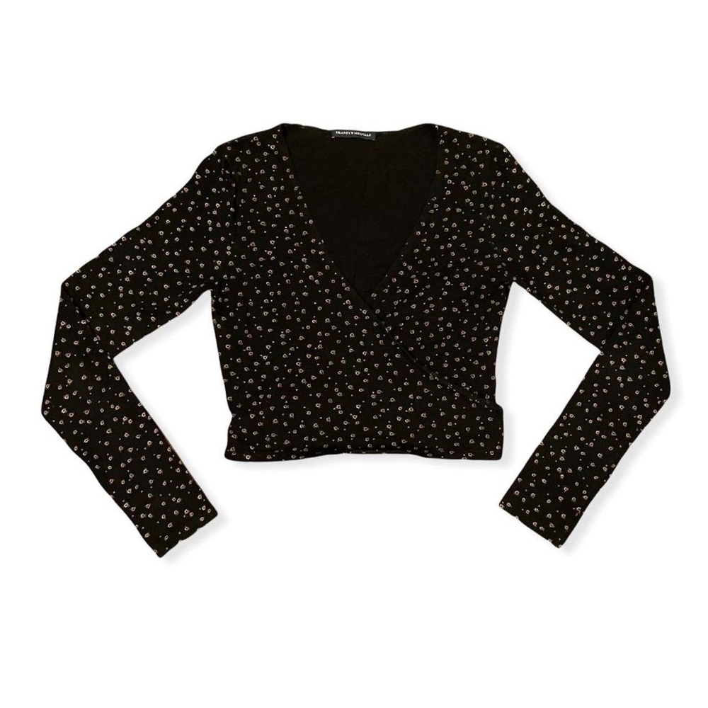 Brandy Melville black floral long-sleeve cropped wrap top. one size.